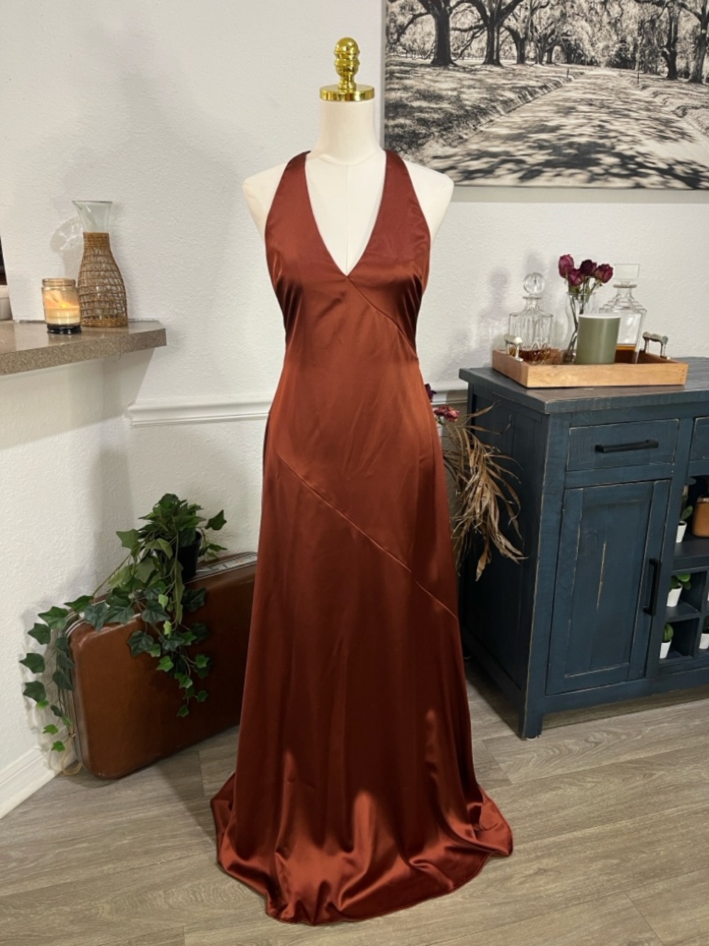 Lulu’s Satin V-Neck Slip Gown in Copper Brown NWT Medium - Picture 2 of 16